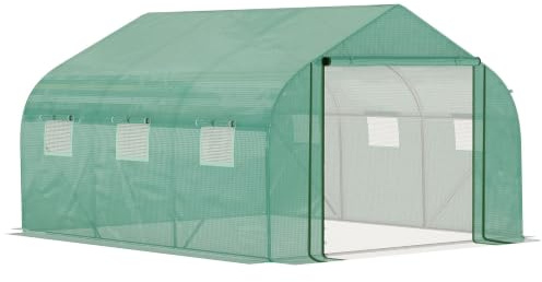 Outsunny Invernadero de Túnel con Puerta 6 Ventanas 3,5x3x2 m Verde | 6 Ventanas Enrollables, Polietileno PE 140 G/M², Metal Galvanizado, para Cultivos Plantas Flores