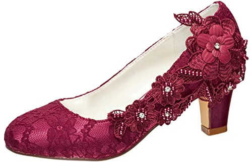 Emily Bridal Wedding Shoes Women's Silk Like Satin Chunky Heel Pumps with Stitching Lace Flower Crystal Pearl