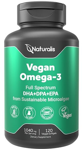 Naturalis Vegan Omega 3 DHA, EPA & DPA from Algae | Vegan Society Certified, Sustainably Sourced, True Full Spectrum | 120 Veggie Softgels (Carrageenan Free)