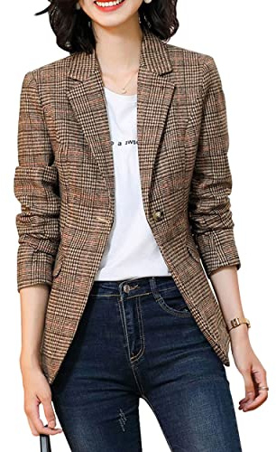ebossy Giacca da Donna con Risvolto a 2 Bottoni Boyfriend Blazer Suit Pied de Poule Scozzese Cappotto, X-Marrone., X-Large