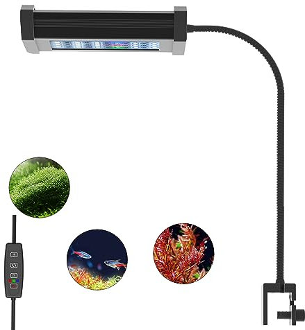 Lominie Aquarium Led Beleuchtung mit 2 Kanälen, Volles Spektrum Clip-On Aquarium Lamp,10W Mini Aquarium Beleuchtung mit Timer und 0-100% Dimmung für 6 bis 16 Zoll große Süßwasseraquarien