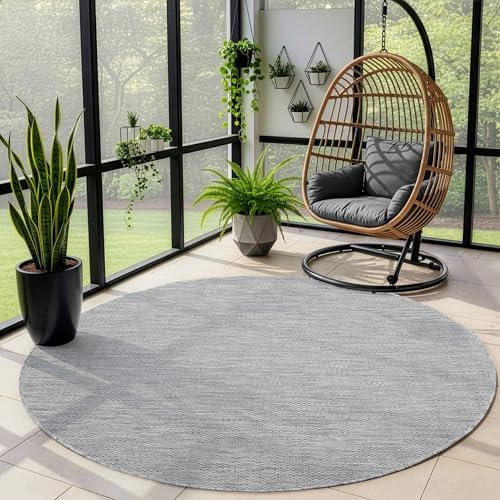 Outdoor Teppich Wetterfest Einfarbiges Design Terrasse Balkon Teppich Rund Küche Garten Sisal-Look Küchenteppich Läufer Flur, Größe: 120 cm Rund, Farbe: Silber