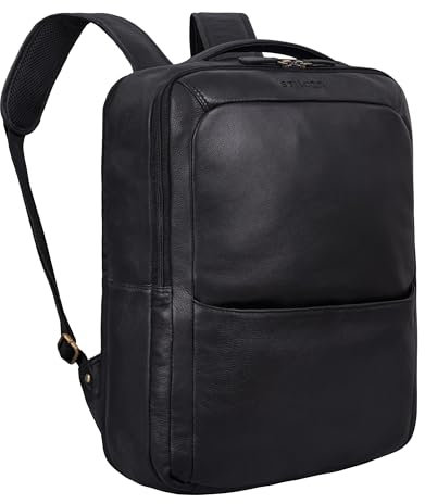 STILORD 'Kalle' Großer Laptop Rucksack 15,6 Zoll schwarz mit vielen Fächern und Laptop-Fach Lederrucksack für Business, Büro, Uni, Schule, Reisen und Freizeit aus Echtleder