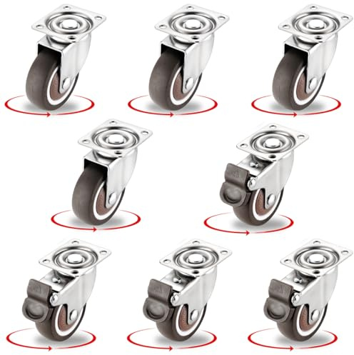8Pcs 1.5 Inch Low Profile Swivel Casters Wheels, Small Heavy Duty Rubber Rolling Wheels with Lock， Metal Plate Casters for Furniture, Carts, Cabinet Moving (4 with Brakes& 4 Without)