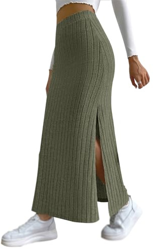 tinbarry Gonna in Maglia Donna Maxi Gonna Fessura Vita Alta Gonne Lunghe Trapezio Elegante Gonna Casual in Maglia Costine Gonna Aderente Elasticizzata Gonne Basic Lavorate Maglia Casual