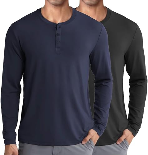 COOFANDY Camiseta Henley de Manga Larga para Hombre Jerséis Térmicos de Punto Camisetas sin Cuello Camisetas Lisas Tipo Abuelo Suéter Básico y Ligero para Hombre Negro & Azul Marino L