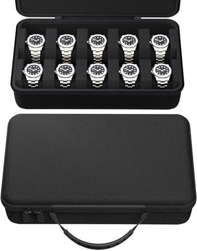 DODAMOUR Uhrenbox mit 10 Schlitzen und Uhrenkissen, EVA-Hartschale, für Uhren bis zu 55 mm, tragbarer Uhrenhalter, Organizer für Herren (schwarz)
