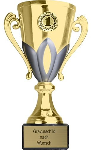 Pokal-Fabrik.de - Pokal mit Gravur Wunschtext in Gold/Silber, 13 cm - personalisierte Auszeichnung & Sport Emblem nach Wahl - inkl. Marmorsockel - Geschenk-Trophäe - Pokal Kinder