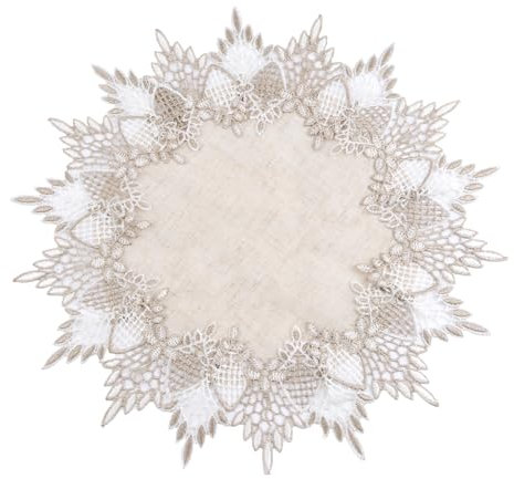 URROMA Runde Deckchen aus Leinen, 40,6 x 40,6 cm, beige Tischdecke mit Spitzenbesatz, Couchtischauflage, Tischdekoration, Tischdecke für Esszimmer, Küche (40 x 40 cm)