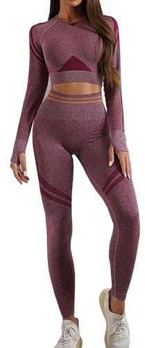 dohomiryo Donna Set di Abbigliamento Yoga Manica Lunga Top+Leggings 2 Pezzi Tuta Sportiva Palestra Fitness Activewear Rosso vino M