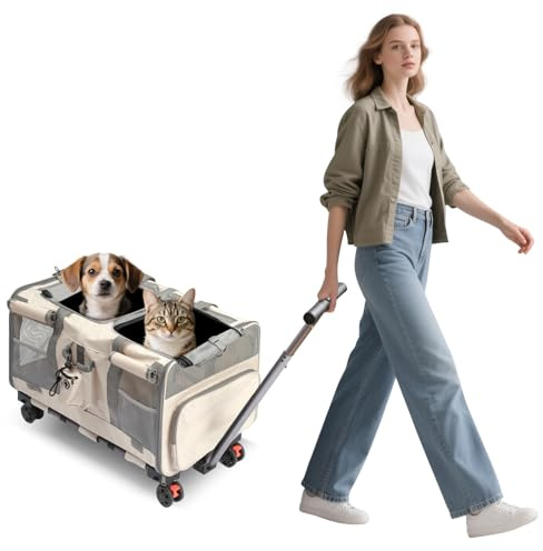 PETCUTE Transportín para Mascotas con Ruedas y Dos Compartimentos,Carga de 17,5 kg,Transportin Gatos Perros con Guinzaglio di Sicurezza,Transportador Plegable para 2 Gatos,para Paseo/Camping,Beige