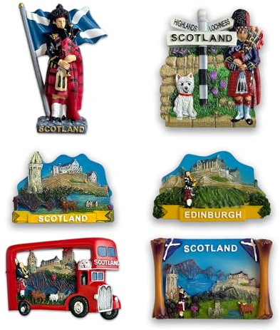 SAJAK Scotland Fridge Magnets Set of 6 - Scottish Souvenir Pack with Edinburgh Castle, Highland Cow, Bagpipes, Saltire Flag, Thistle, Piper, UK Travel Gift, Resin Kitchen Decoration