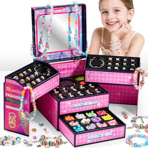 BLmukce Kit de création de bijoux pour enfants - Bracelet à breloques et perles DIY pour filles avec perles, breloques et accessoires de chaîne - Cadeau d'anniversaire et de Noël (4-12 ans)