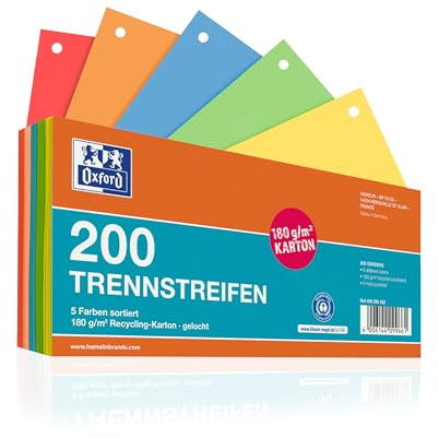Oxford Trennstreifen, 200 Stück, 5 intensive Farben, gelocht, zum Sortieren und Trennen von A4 Dokumenten