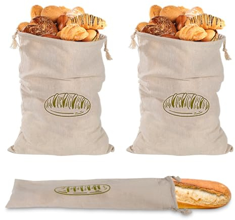 3 Pezzi Sacchetto Pane in Lino con Interno TPU, 40x30 cm Sacchetti Riutilizzabili per Conservazione Freschezza con Coulisse, Borsa a Baguette Naturale per Prodotti da Forno Frutta e Verdura