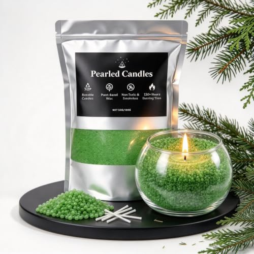 Pearled Candle 18oz, DIY Pearled Candle Sand With Wicks, Sand Candle with Plant-Based Granulated Wax, 30 Cotton Wicks & 1Spoon, Reusable Wax for Candle Making Decorative Candles (Cedar Green)