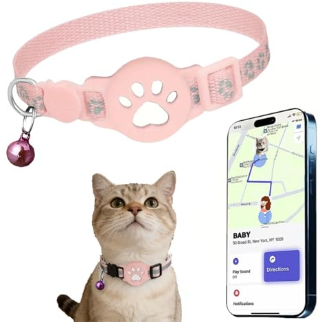 Collier GPS pour Chat sans Abonnement, Traceur pour Animaux avec Localisation en Temps Réel, Étanche et Léger, Ajustable de 19 à 32 cm, 8 Styles Disponibles (Rose-Localisateur Blanc, Empreintes)