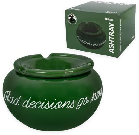 Fisura – Cenicero de viento con mensaje “bad decisions go here”. Cenicero original de cerámica con tapa. Cenicero de mesa para comedor, cocina o habitación. 11,5 cm x 7,5 cm