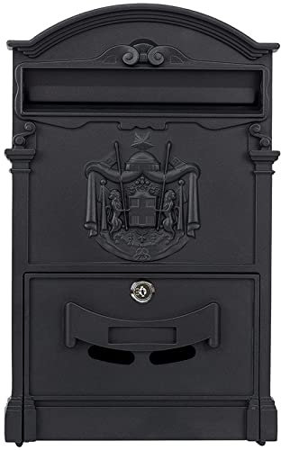 Verda Briefkasten Retro Antik Vintage Postkasten Wandbriefkasten Alu 3D-Relief Schwarz [40 x 25,5 x 9cm] Klassischer Antiker Metallbriefkasten SN3663-2