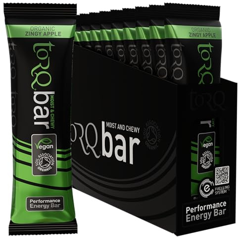 Torq Energy Bar Organic Zingy Apple - Vegan Plant Based Energy Bar, High Carbs, 34g of Carbohydrates - 100% Natural - Soil Association - Moist & Chewy - Box of 15