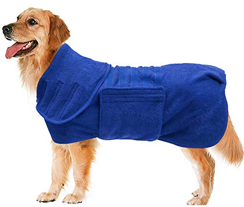 Geyecete Accappatoio Microfibra per Cane, Asciugamano per per Animale Domestico Asciugatura Rapida e Super Assorbente Cappotto Telo da Bagno con Cintura Elasticizzata-Blu-XL