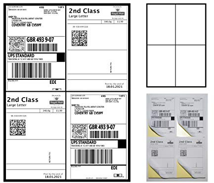 A4 White Self Adhesive Address Shipping Mailing Labels, Sticky Back Printing Sticker, A6 Labels, Laser Printers – 4 per Sheet, 148.5 x 105mm, 25 Sheets 100 Labels Total.