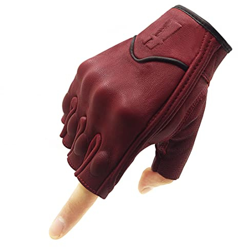 Harssidanzar Guantes de Motocicleta de Cuero de Piel de Cabra sin Dedos para Hombre con Pantalla táctil GM037EU,Rojo,Talla M