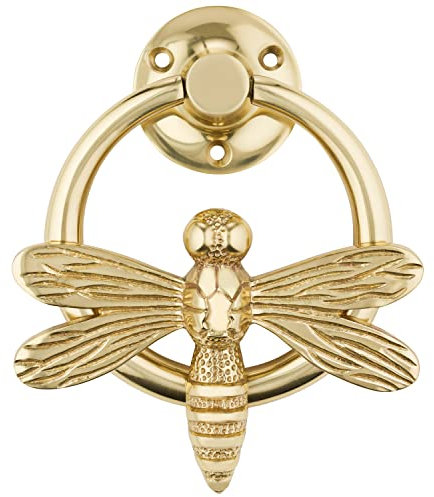 Battente a libellula in ottone per porta d'ingresso, in ottone massiccio lucido dorato, con piastra di attacco, UPVC, mobile per porta d'ingresso con libellula dal design unico