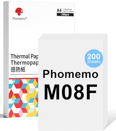 Phomemo M08F A4 termopapper kompatibelt med Phomemo M08F M08D M832 M832D M833 M834 Q302 bärbar termoskrivarskrivarpapper, M08F skrivarpapper, 210 x 297 mm, 200 ark
