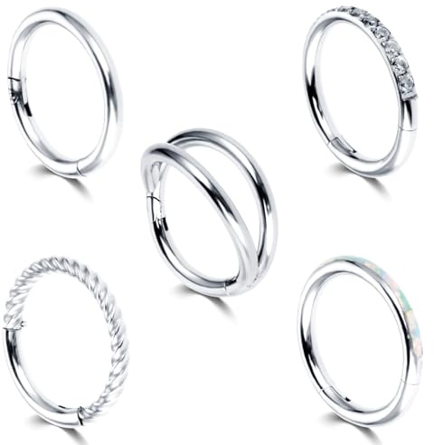 Lusofie 5Pcs 18G Hinged Nose Rings Silver Nose Rings Hoops Septum Ring Clicker CZ Tragus Cartilage Double Nose Ring Nose Body Piercing Jewelry for Women Men(8MM)