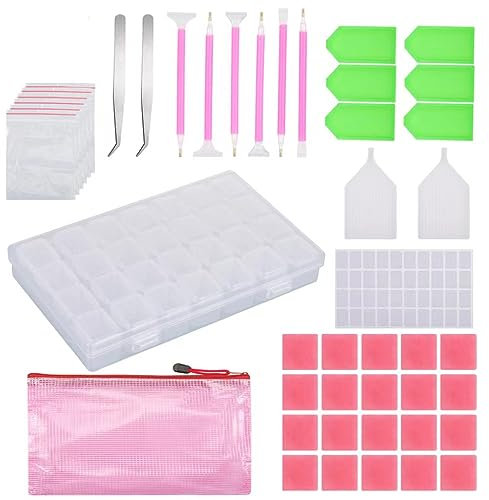 PIQIUQIU 5D Diamond Painting Zubehör Set,69 Stück Diamant Werkzeuge mit Aufbewahrungsbox,Stift,Pinzette,Wachs,Stift,Label Aufkleber,Taschen,Tablett