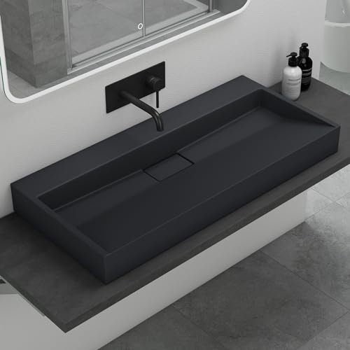 Mai & Mai Waschbecken Col19 Aufsatz-Waschbecken Hänge-Waschtisch inkl. Ablaufgarnitur Gussmarmor Rechteckig Waschplatz in Anthrazit matt ohne Armaturenloch BxTxH 100x46x11, COLOSSUM19