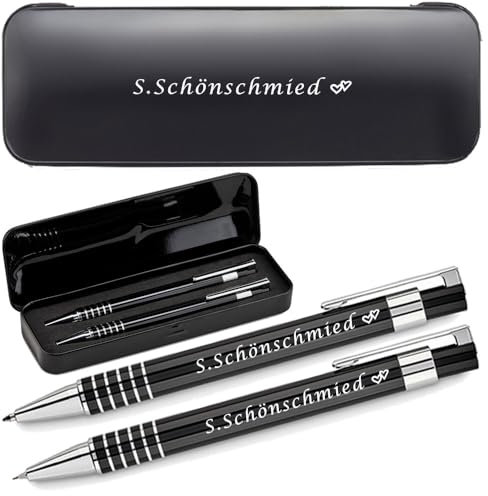 Schreibset aus Aluminium mit Gravur - Kugelschreiber & Druckbleistift | Personalisiertes Set mit Geschenkbox | Blau Schreibend mit Name