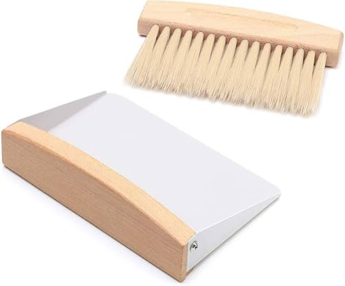 White Tabletop Dustpan and Brush Set - Portable, Wooden Mini Dust Pan and Broom Set With Magnet, For Desk and Kitchen Top Sweeping, Nylon Brush (White Dustpan)