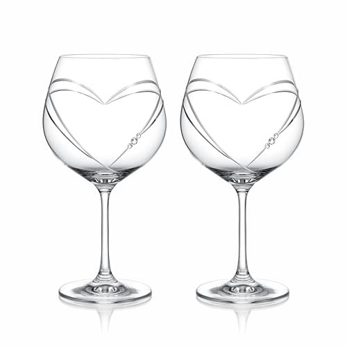 Brilant Heart in Heart Gin Gläser Set mit Gravur - Gin Tonic Gläser Set mit Swarovski Kristallen und Handgebürstetem Herzmotiv, Perfekt als Hochzeits oder Verlobungsgeschenk - 2 Stck