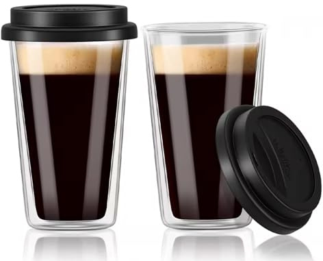 2 Pack | Tazas de Café Vidrio con Tapa de Silicona 360​​ml | Taza de Café Espresso de Doble Pared | Termoaislante | Perfecta para Café, Café con Leche, Capuchino, Americano, Té