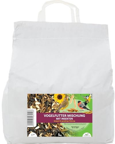 UGF Vogelfutter Wildvögel Ganzjährig 5kg, Wildvögelfutter mit Sonnenblumenkerne, Soldatenfliegenlarven und Pellets mit Mehlwürmer, Zutaten für die Ganzjährige Fütterung