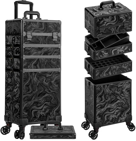 JINGUAN Profesional Rolling Makeup Train Case with Lid, 5 in 1 Cosmetology Case on Wheels, Large Cosmetic Trolley Organizer Travel for Hairstylist Artist Nail Beauty Salon Barber, Black Ink
