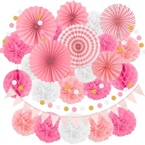NACHLYNN 23 Stück pompons deko wabenbälle papierfächer geeignet für Hochzeitsdekoration Geburtstagsfeier Festival Party im Freien (Rosa Serie)