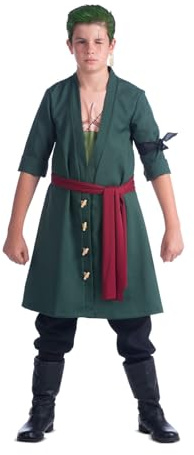 My Other Me Déguisement pour enfant Roronoa Zoro vert avec crème pour les cheveux, boucles d'oreilles, veste, mouchoir, ceinture et pantalon taille 10-12 ans. Le vent en poupe vers l'aventure épique