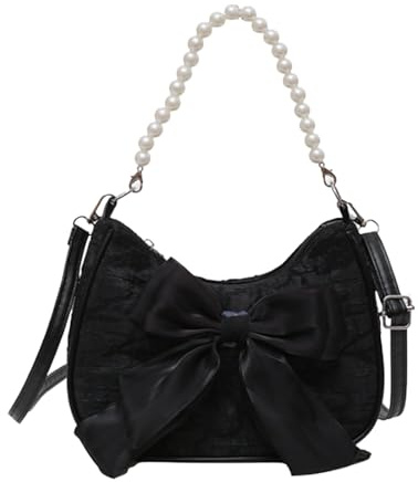 GWAWG Fashion Pearl Handbags,Vintage Shoulder Bag with Bow Tie for Women,Compact Women Handbag,Multifunction CrossBody Bags,Popular Women's Bags,Black