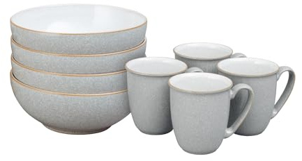 Denby - Elements Coffee Mug & Cereal Bowl 8 Piece Set - Light Grey Dishwasher & Microwave Safe Stoneware - 4 x 330ml Tea Cups & Cereal Bowls for Soup - Ceramic, Chip Resistant for Everyday Use