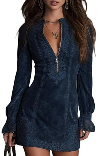 Mini vestido con media cremallera para mujer, con cuello en V y cremallera con acento de encaje, estilo vaquera, con ribete occidental, de manga larga, sólido, mini vestido retro, azul oscuro, M