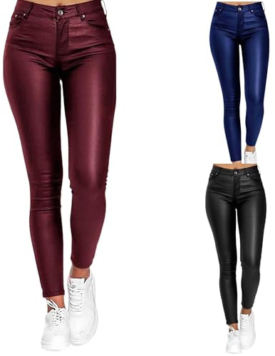 Dambyxor I Konstläder Med Hög Midja, Push Up, Stretchiga, Skinny PU-leggings, Petite/regular/tall, Wetlook-formande, Sportträningsbyxor, Höfter(Red wine,3XL)