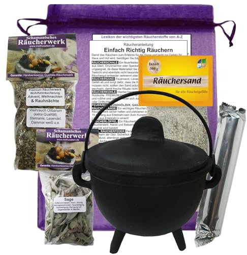 Hexenkessel Gusseisen Räuchergefäß Räucherschale Zauberkessel und Weihrauchbrenner in EINEM 7-TLG Räucherset zum räuchern. 4167-1RS