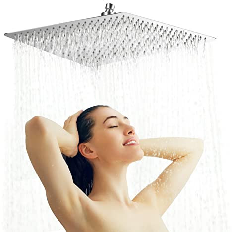 304 Stainless Steel Square Rain Shower Head, 16 Inch Large Ultra Thin Powerful High Pressure Top Spray Bathroom Rainfall Shower Head Top Spray with Universal 0.5 Inch Connection