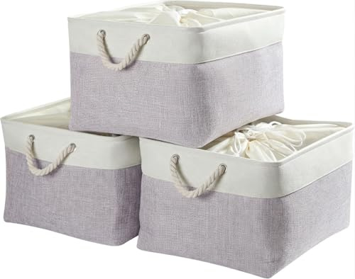Mangata Panier Rangement, Boite de Rangement Tissu Grand rectangulaire Dressing avec poignée pour Jouets, Armoire (Set of 3, XL, Gris Blanc)