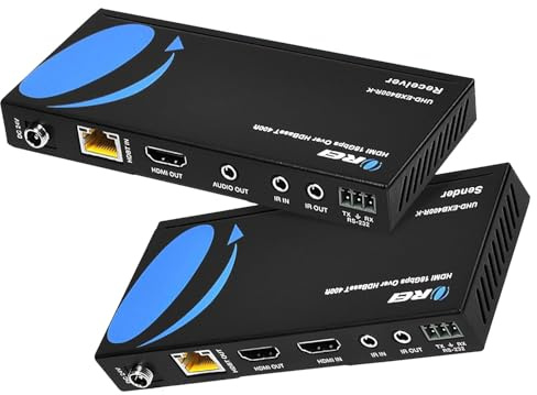 OREI 4K HDMI over Ethernet Extender Balun - HDBaseT UltraHD 4K @ 60Hz 4:4:4 CAT5e/6/7 Cable with HDR, CEC & IR Control, RS-232 Up to 400 Ft Loop Out POC Audio Out (UHD-EXB400R-K)