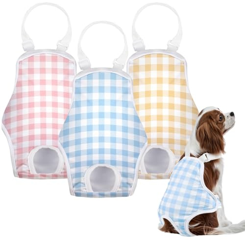 MICOOYO Mutandine per il ciclo per cani confezione da 3, pannolini riutilizzabili per cani femmina con bretelle regolabili, mutandine igieniche lavabili per cani gatti cuccioli femmina (a quadri, M)