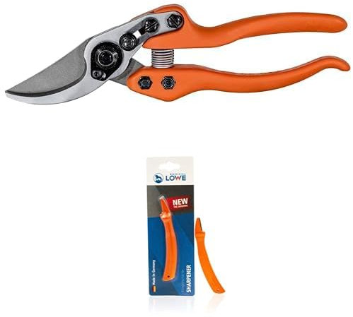 Original LÖWE Set bestehend aus Profi Bypass Gartenschere 11.104 für präzise Schnitte an Blumen, Zweigen oder Obstbäumen & Klingenschärfer 0022 für Gartenscheren und Industriescheren